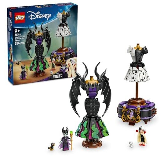 LEGO Disney Kötüleri Malefiz'in ve Cruella De Vil'in Elbiseleri 43262-9 Yaş Üzeri Kız ve Erkek Çocuklar için Sergileme Standı, 2 Mini Bebek ve 2 Hayvan Figürü İçeren Oyuncak Yapım Seti (524 Parça)