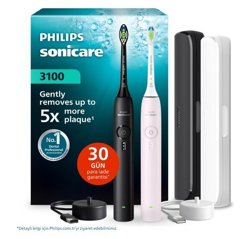 Philips Sonicare 3100 Serisi Şarjlı Diş Fırçası 2'li Paket, Siyah ve Toz Pembe, 5 Kat Plak Temizliği, Basınç Sensörü, 14