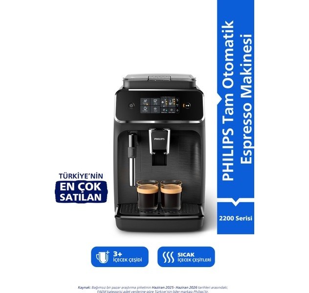 Philips 2200 Serisi Tam Otomatik Espresso Makinesi, Dokunmatik Ekran, Klasik Süt Köpürtücü, 2 İçecek, Ep2220/10