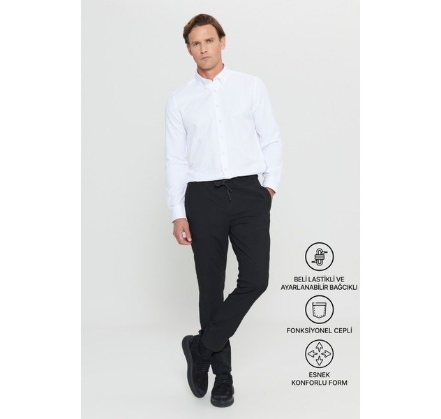 Altınyıldız Classics Erkek Siyah Diz İzi Yapmayan Beli Bağlamalı Yan Cepli Jogger Pantolon Slim Fit Rahat Kesim