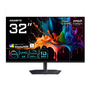 GIGABYTE MO32U2 31,5" QD-OLED Gaming Monitor, 4K UHD (3840x2160), 240Hz, 0.03ms GTG, HDMI 2.1 & DP 1.4, DisplayHDR True Black 400, HDR 1000 nits, KVM & USB-C, Dahili Hoparlör
